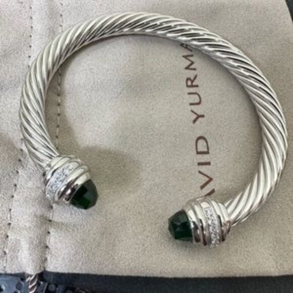 David Yurman Bracelet 7mm Sterling Silver Prasiolite Diamond Cable Classic Cuff - Picture 3 of 6